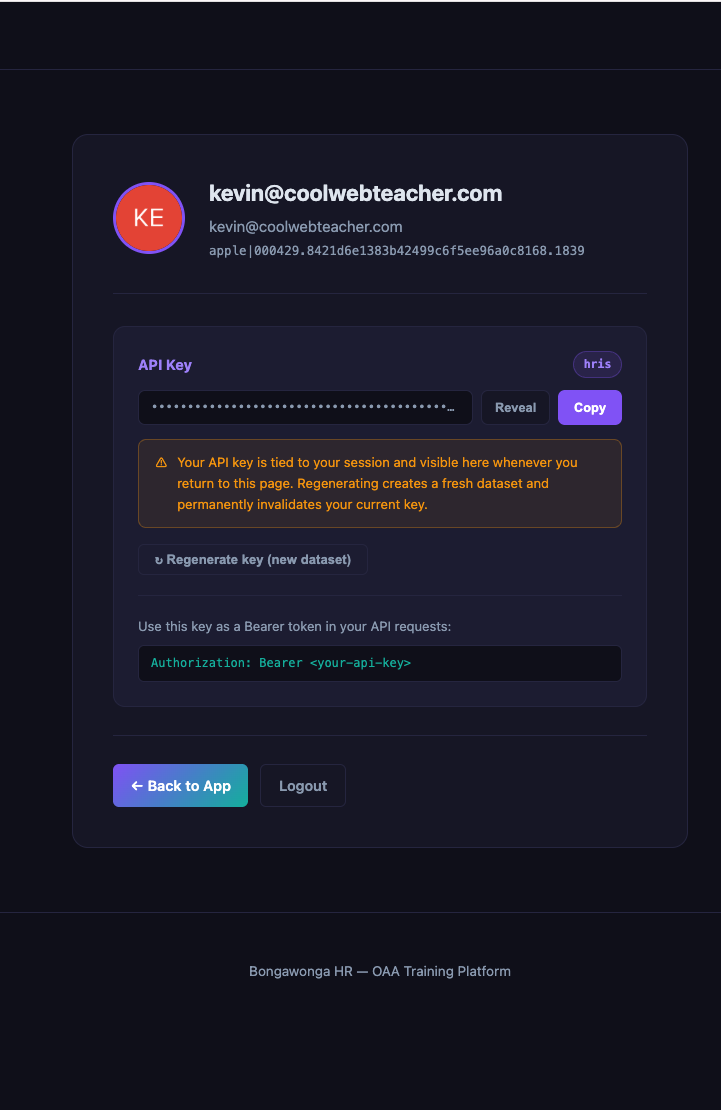 BongaWonga profile page showing an API Key section with a generated key and a Copy button