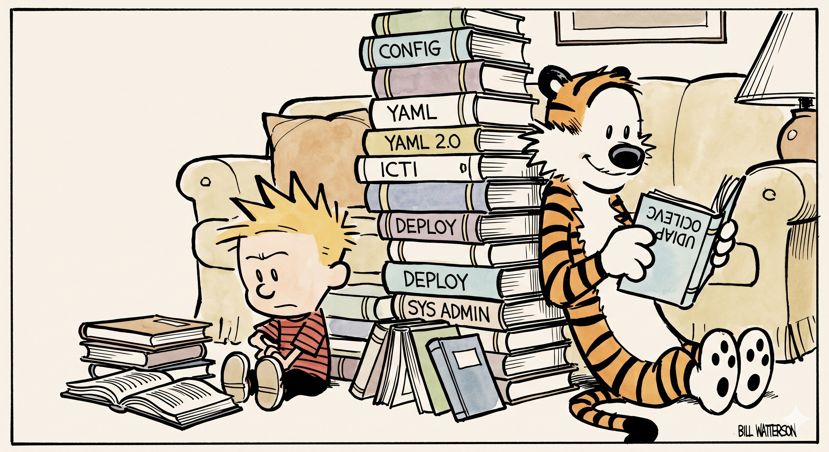 Calvin sits at a towering pile of computer manuals labeled CONFIG and YAML, looking determined. Hobbes leans against the stack reading one upside-down, looking amused.