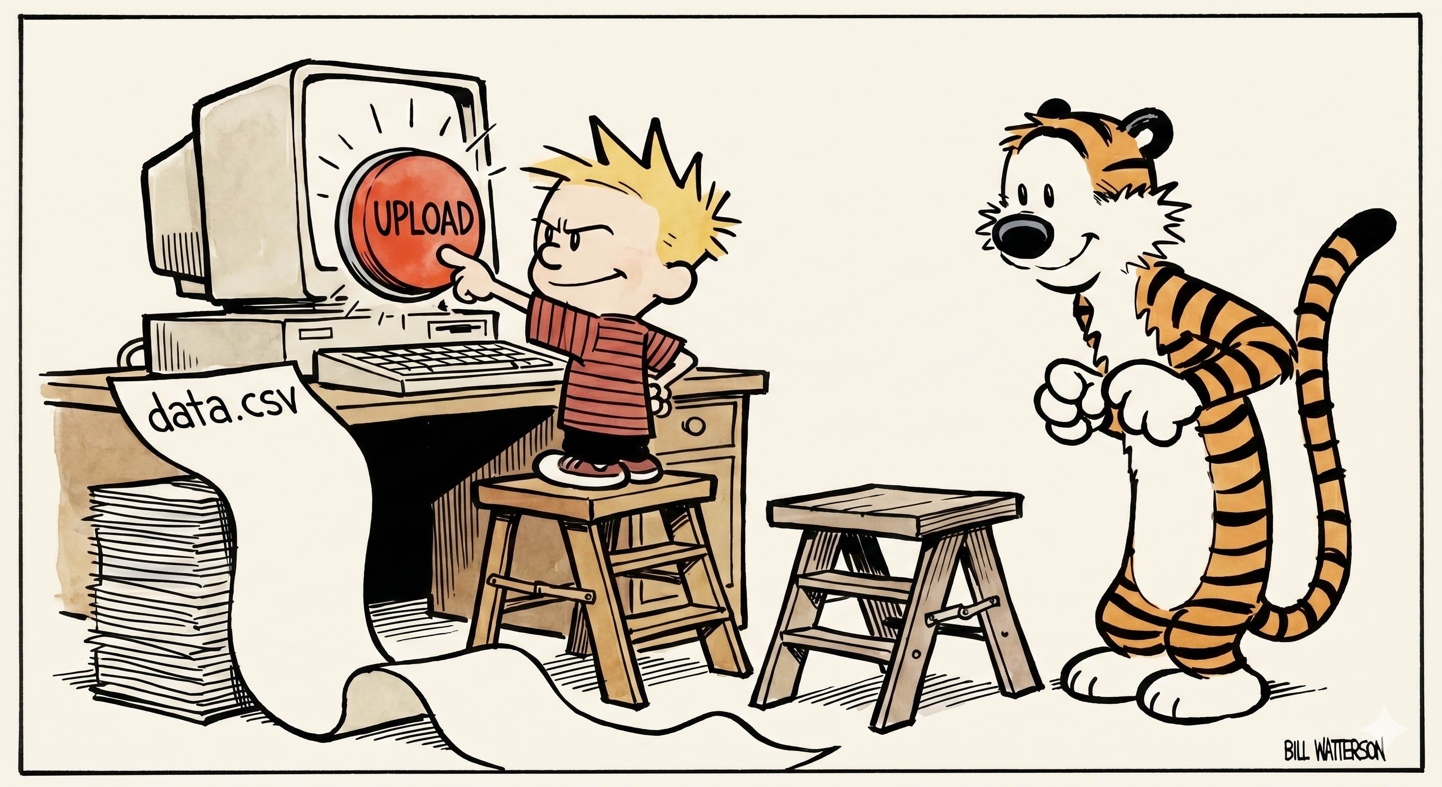Calvin stands on a step stool dramatically pressing a giant "UPLOAD" button on an old computer. Hobbes watches from behind, tail raised in anticipation. A large scroll of paper labeled "data.csv" unrolls across the floor.