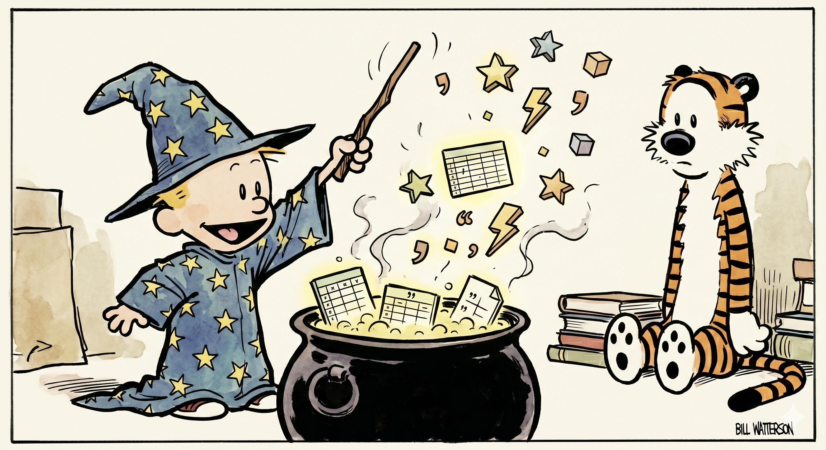 Calvin dressed as a wizard with a star-covered robe and pointy hat, waving a wand over a bubbling cauldron full of spreadsheet cells. The cells transform into different shapes as they float out. Hobbes watches skeptically from a safe distance.