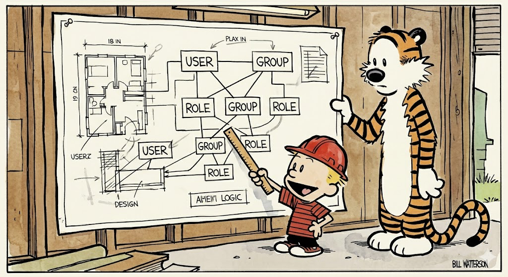 Calvin wearing a tiny hard hat stands next to an elaborate hand-drawn architectural blueprint pinned to a wall, pointing at it with a ruler. The blueprint shows interconnected boxes labeled "USER", "GROUP", "ROLE". Hobbes holds the blueprint steady from the other side.