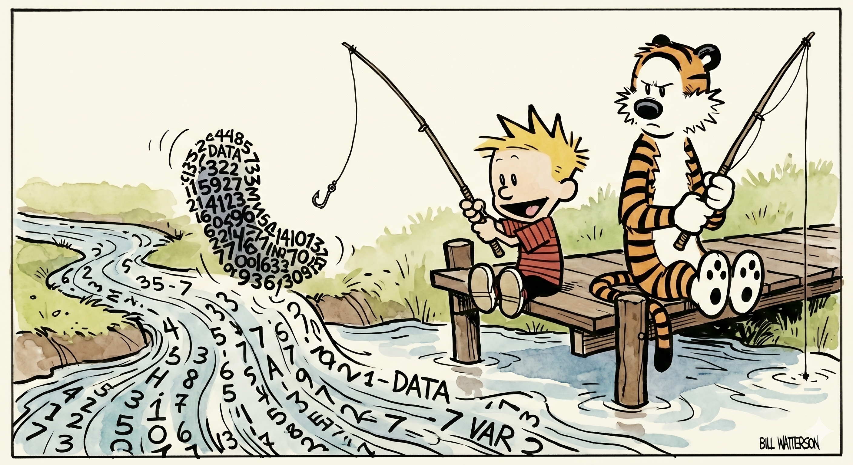 Calvin sitting on a dock dangling a fishing line into a stream of flowing data represented as numbers and words. He has just hooked a large wriggling piece of data. Hobbes sits beside him with a fishing pole, looking envious of the catch.