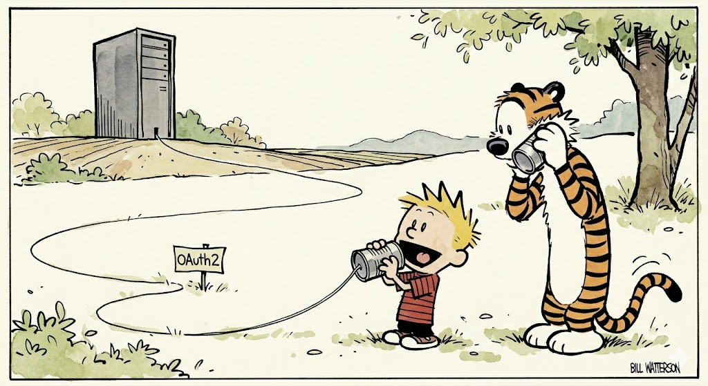 Calvin holds two tin cans connected by a very long string that runs off into the distance toward a large server tower. He shouts into his can. Hobbes listens at the other can pressed to his ear, tail wagging. The string has a little badge on it labeled "API Key".