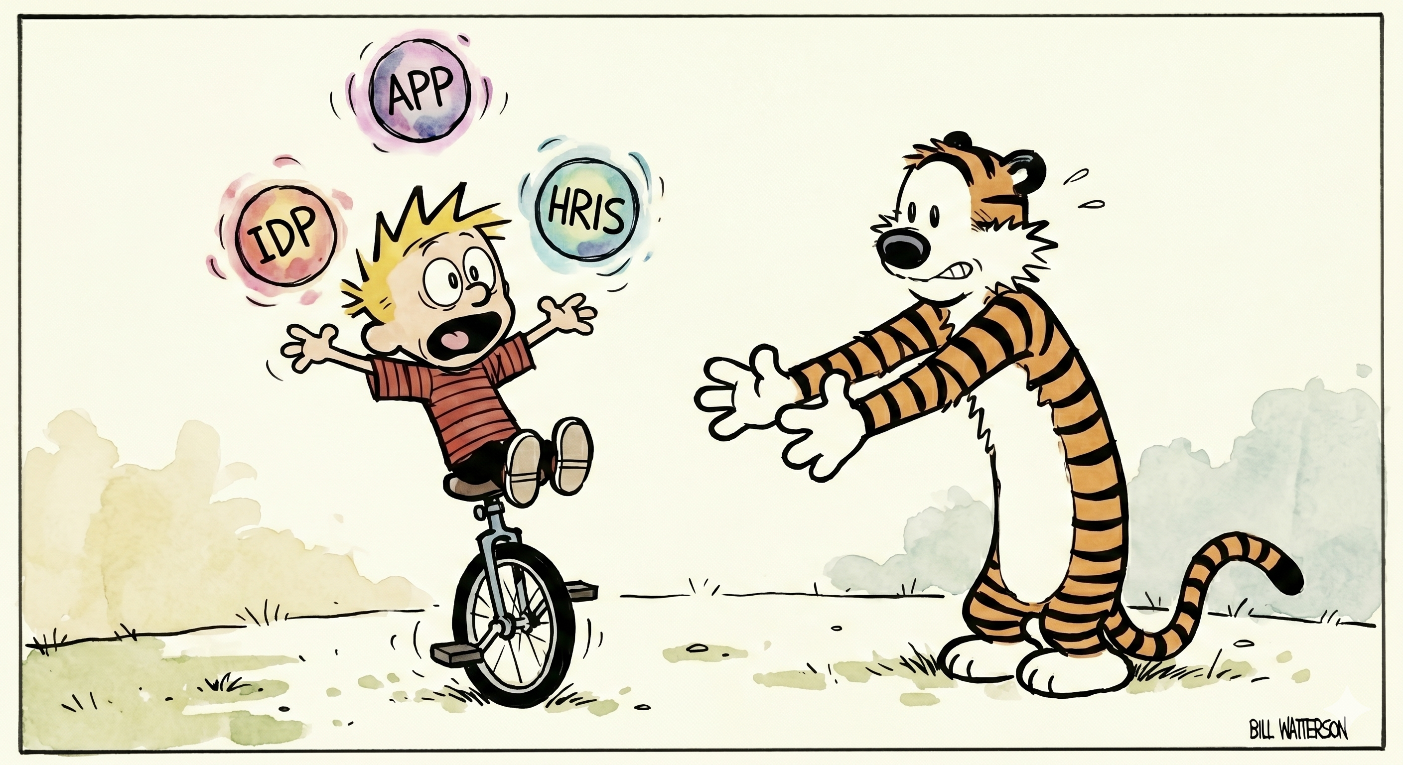 Calvin frantically juggling three different glowing orbs labeled "APP", "HRIS", "IDP" while riding a unicycle. Hobbes stands below with arms outstretched ready to catch anything that drops, looking nervous but supportive.