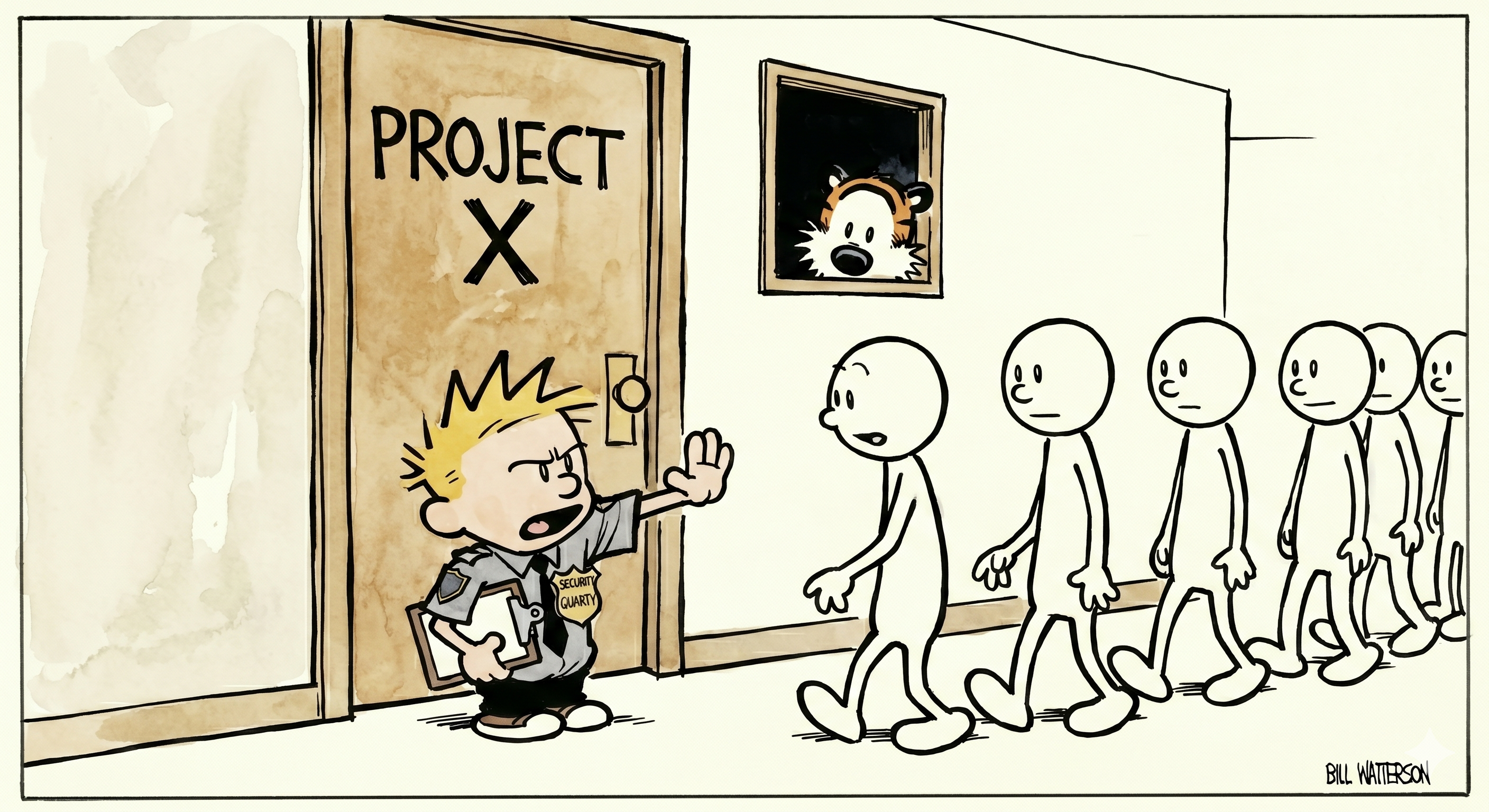 Calvin dressed as a tiny security guard with an oversized badge and clipboard stands in front of a door labeled "PROJECT X". He holds up a hand stopping a long queue of stick-figure users from entering. Hobbes peers through a small window beside the door from inside.