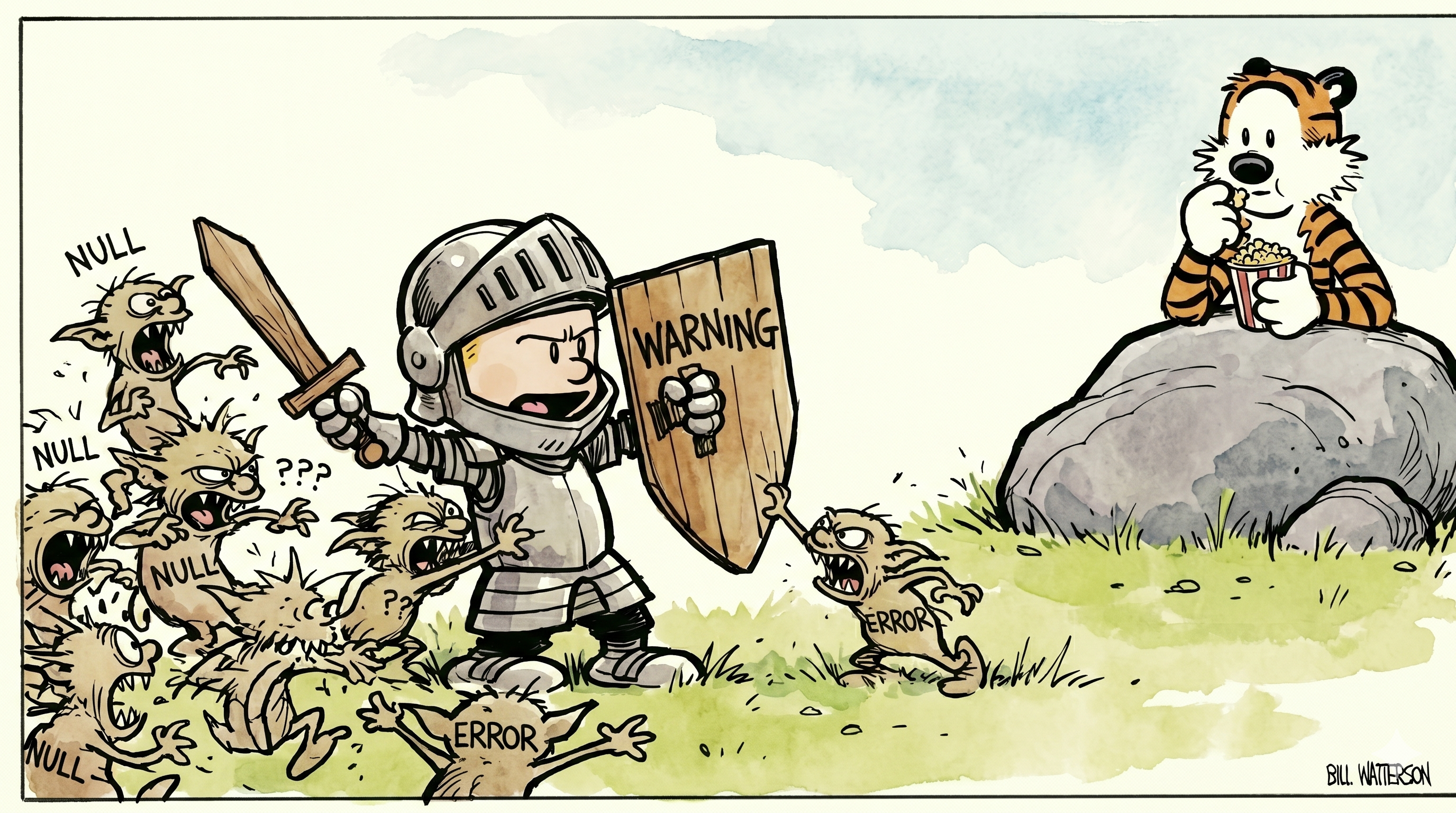 Calvin in knight armor holding a shield labeled "WARNING" battles a swarm of small gremlin-like creatures representing null values and corrupted data. The gremlins have "NULL" and "???" written on them. Hobbes watches from behind a rock, eating popcorn.