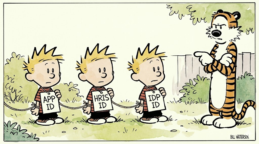 Three identical Calvins standing in a row, each holding a different ID badge ("APP ID", "HRIS ID", "IDP ID"). They are connected together by strings tied around their wrists. Hobbes stands to the side looking very confused, pointing at all three of them.